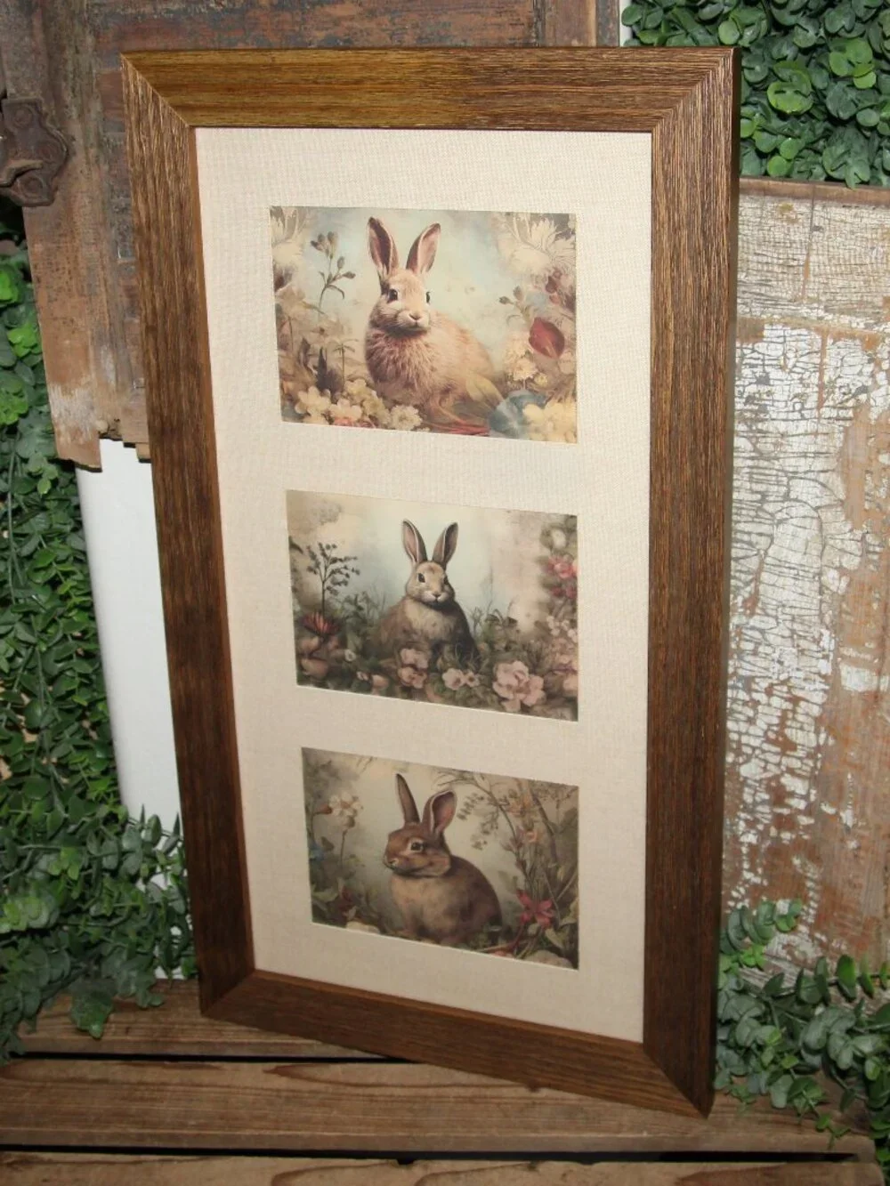 French Country Rustic Farmhouse Framed Woodland Bunny Rabbit Trio Wall Decor